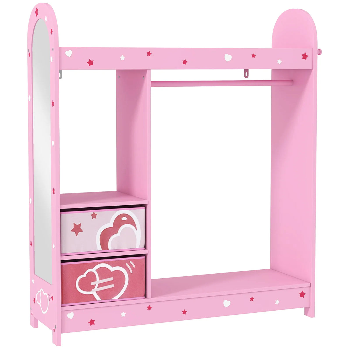AIYAPLAY Kids Clothes Rail Wardrobe with Mirror, Shelves, Fabric Storage Boxes and Hooks – Bedroom and Nursery Storage, Pink