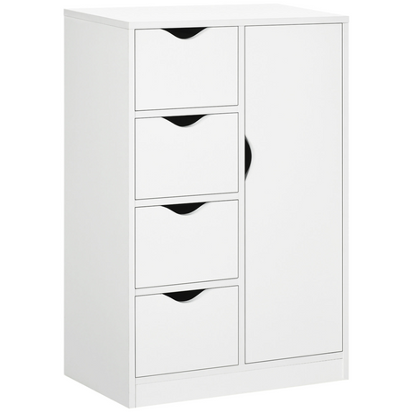 White storage cabinet with four drawers and shelf