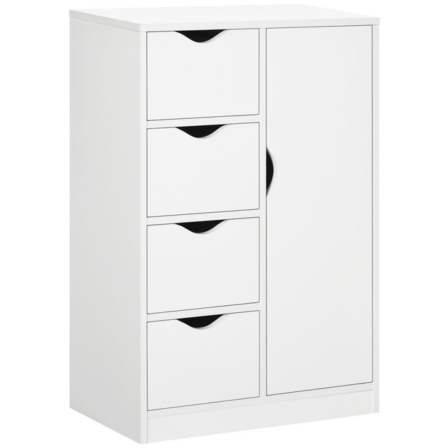 White storage cabinet with four drawers and shelf