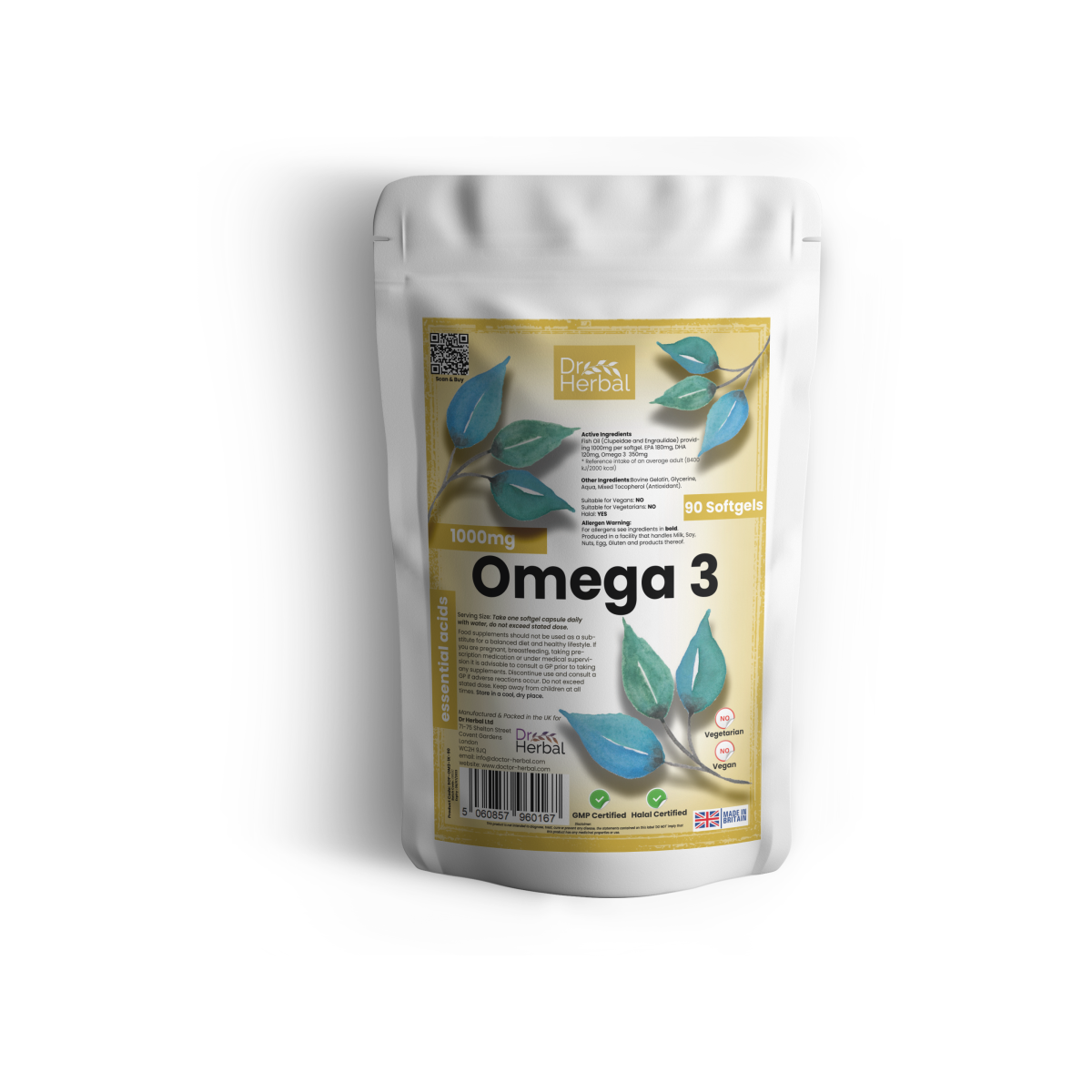 Dr Herbal Omega 3 Fish Oil 1000mg, 90 Softgels – Premium Halal Fish Oil Supplement