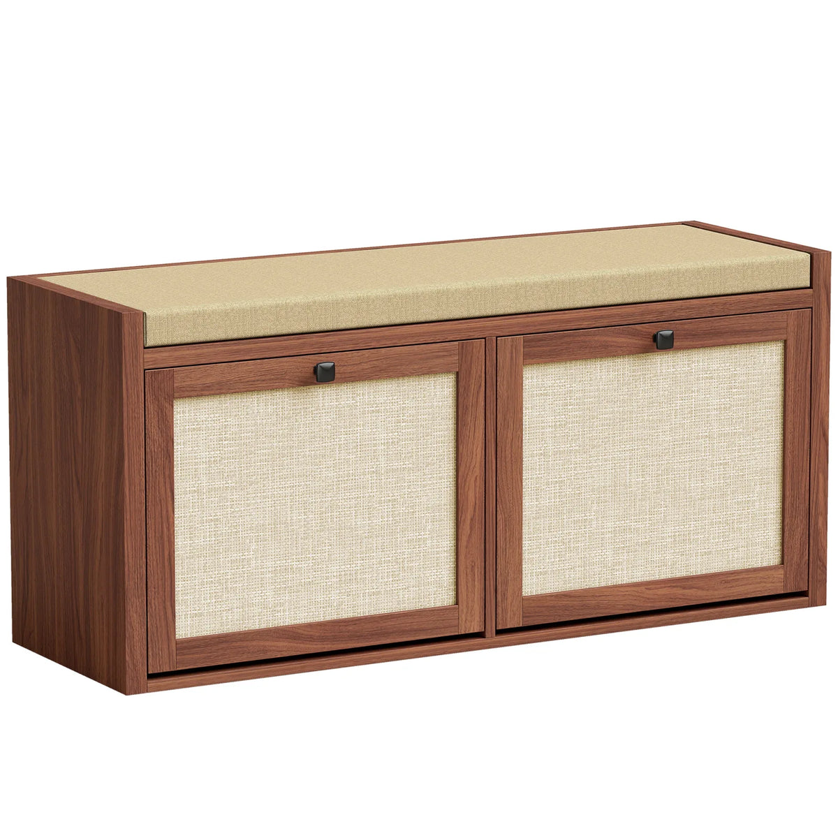 HOMCOM Rattan Shoe Bench with Padded Cushion and 2 Storage Cabinets – Brown, 108 cm