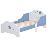 HOMCOM Kids Star & Balloon Toddler Bed with Guardrails & Slats – Blue and White, Ages 3-6