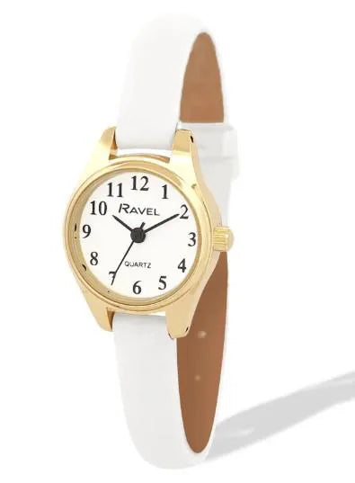 Ravel Ladies Petite Gold-Tone Watch with Clear Numerals and White Leatherette Strap