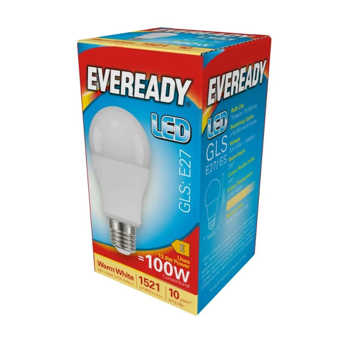 Eveready GLS ES 100W Equivalent LED Bulb, Pack of 5 – 13.8W, 1,521 Lumen, Warm White 3000K
