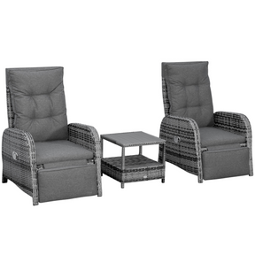Outsunny 3-piece rattan reclining chaise lounge set with table, mixed grey