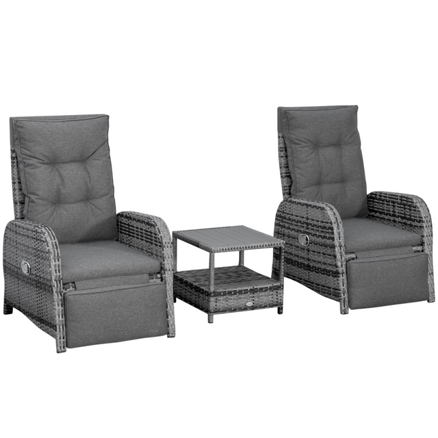 Outsunny 3-piece rattan reclining chaise lounge set with table, mixed grey