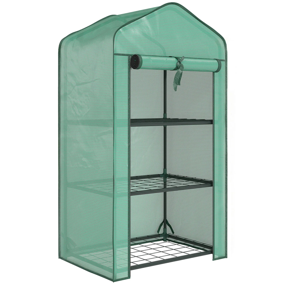 Outsunny Three-Tier Mini Greenhouse with Steel Frame, PE Cover & Roll-Up Door – Portable, Green