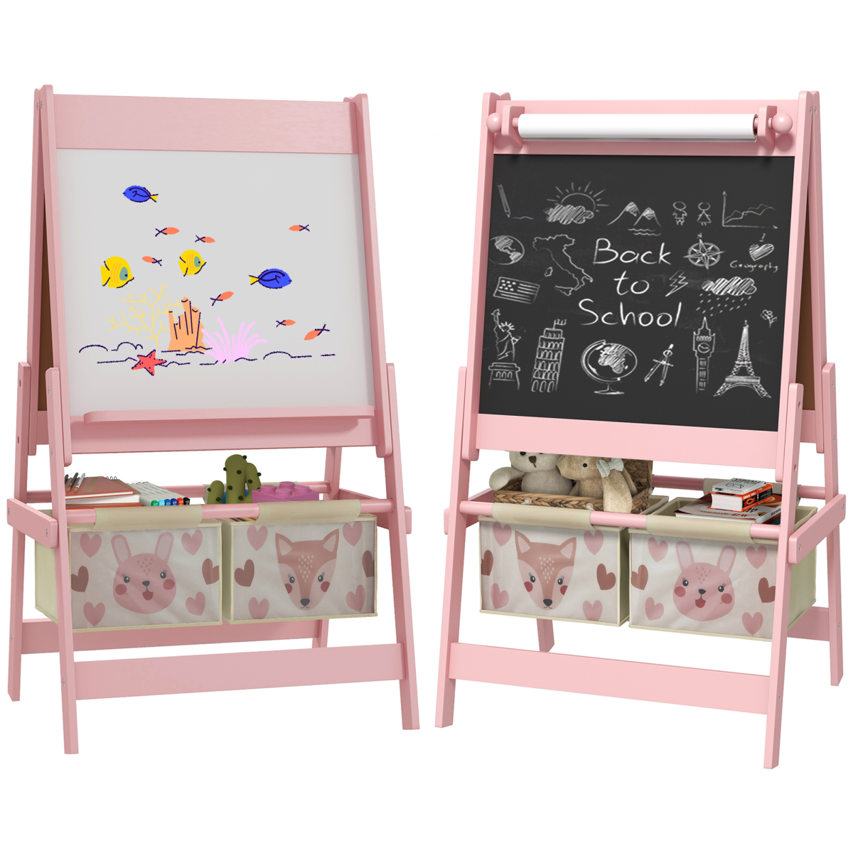 AIYAPLAY Kids Easel with Paper Roll, Blackboard, Whiteboard and Storage Baskets – 3-in-1 Art Easel, Pink