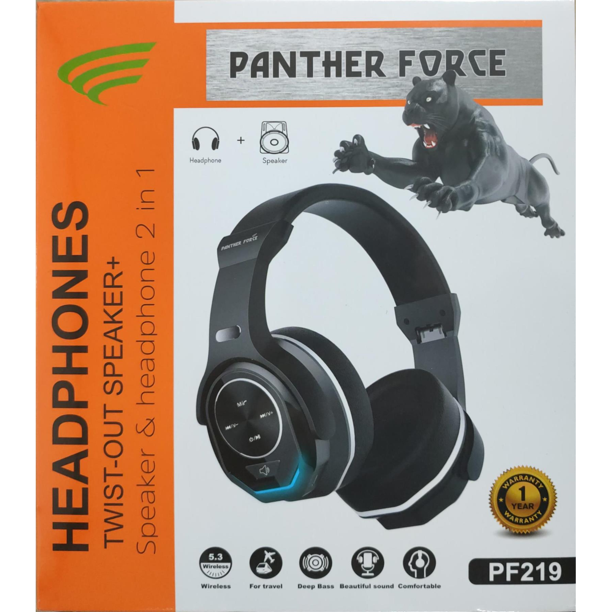 Panther Force PF219 Wireless Bluetooth Headphones with Twist-Out Speaker – Foldable, Built-In Mic, USB-C