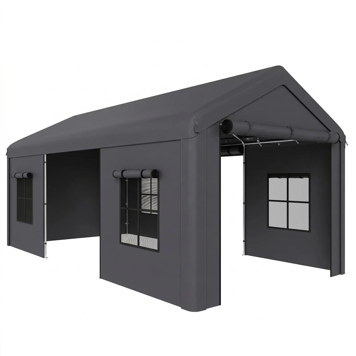 Outsunny Heavy Duty Carport 3 x 6 m – Portable Garage Canopy Tent with Galvanised Steel Frame, Doors & Windows, Dark Grey