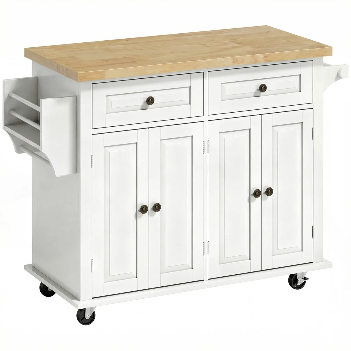 HOMCOM Kitchen Island on Wheels with Rubberwood Top, Drawers and Adjustable Shelves – Rolling Storage Trolley, Cream White