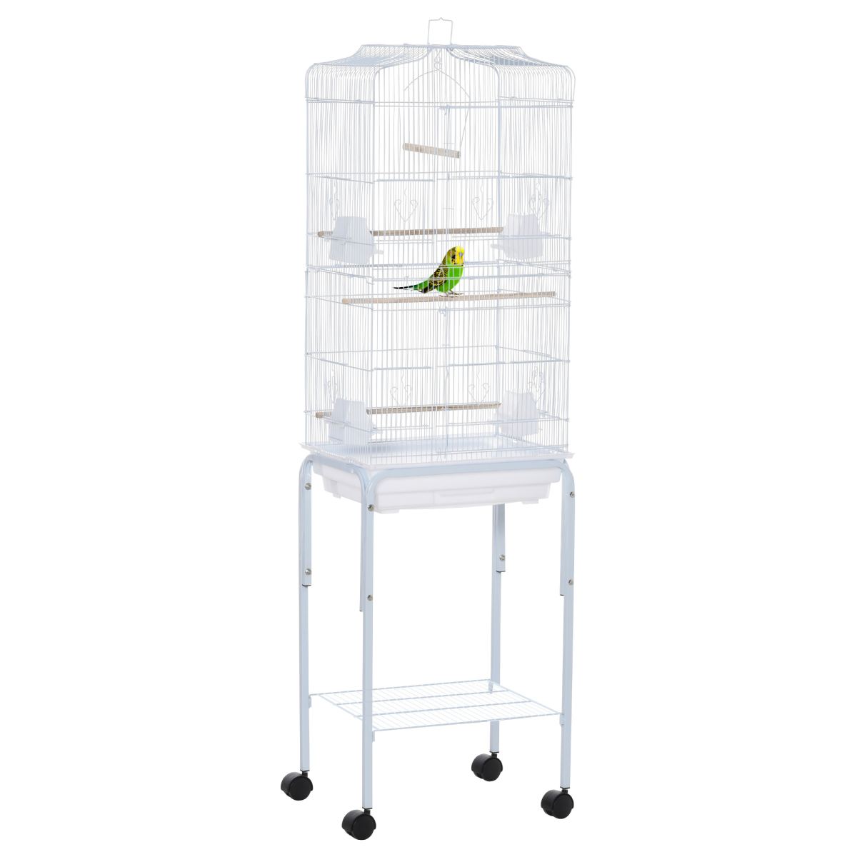 PawHut Large Bird Cage for Budgies, Finches & Canaries with Stand, Sliding Tray & Storage Basket – White