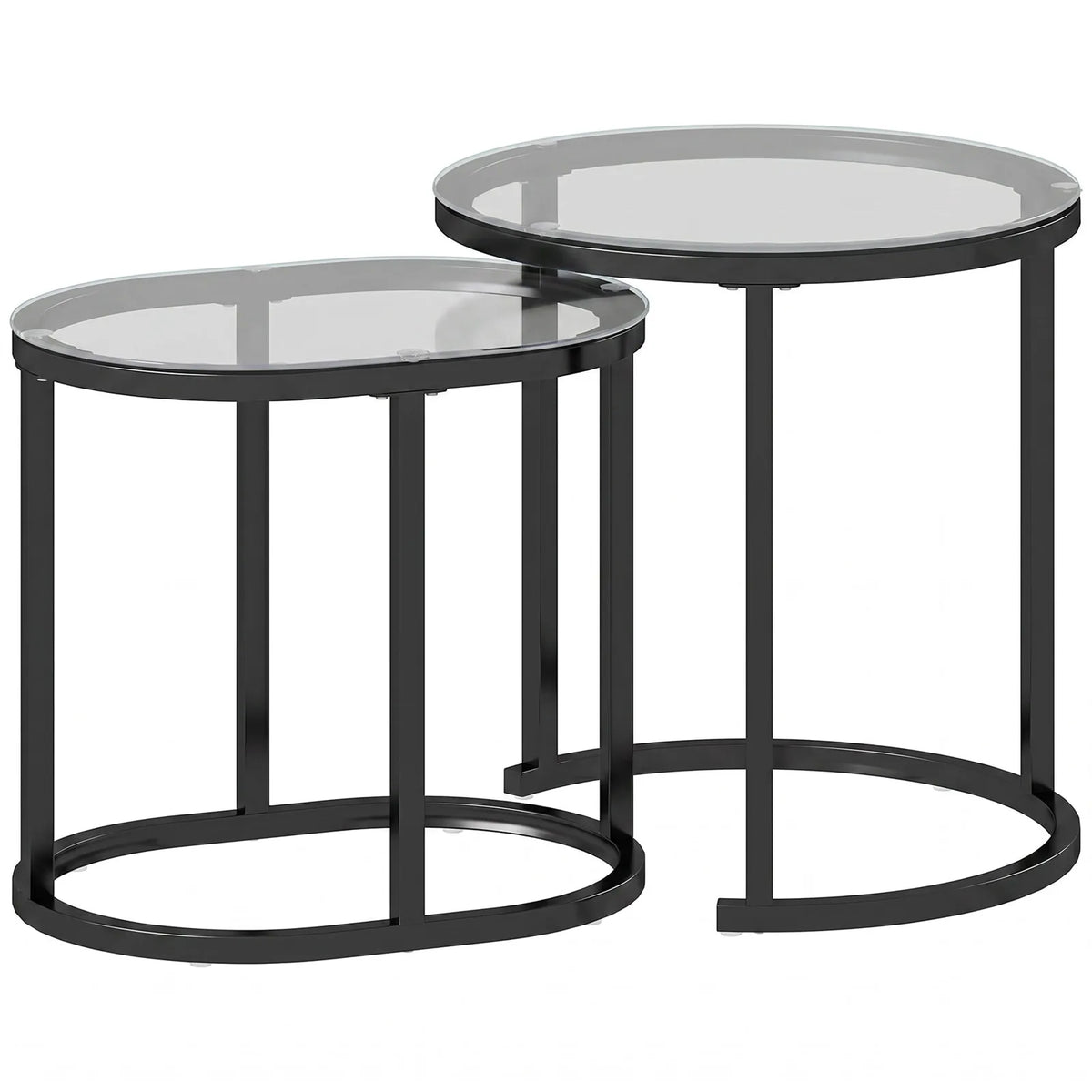 HOMCOM Nest of 2 Coffee Tables with Steel Frame and Tempered Glass Tops – Round and Oblong Side Tables, Black