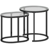 HOMCOM Nest of 2 Coffee Tables with Steel Frame and Tempered Glass Tops – Round and Oblong Side Tables, Black