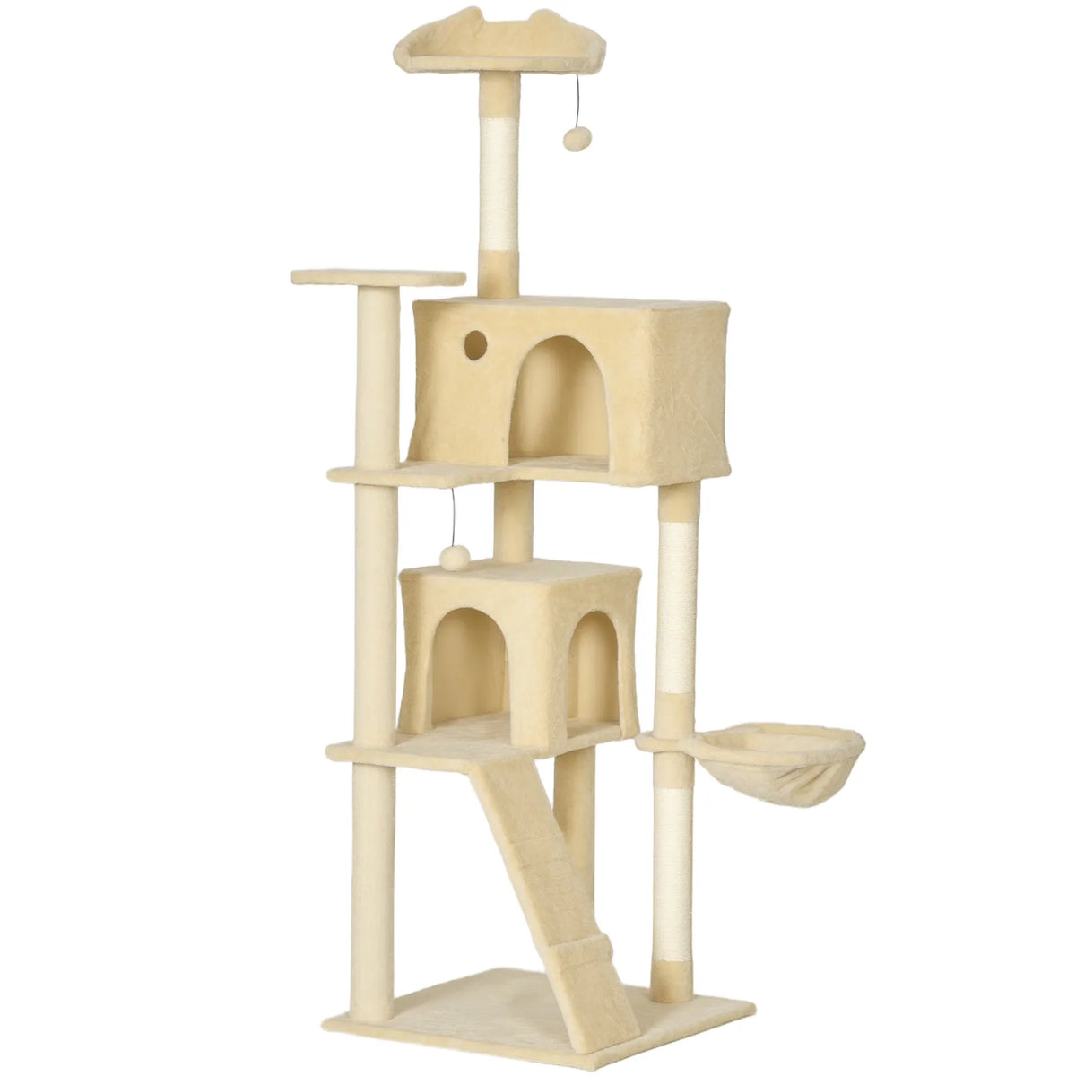 PawHut 180cm Large Cat Tree with Sisal Scratching Posts, Condos, Plush Perches, Hammock and Ladder, Beige
