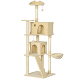 PawHut 180cm Large Cat Tree with Sisal Scratching Posts, Condos, Plush Perches, Hammock and Ladder, Beige