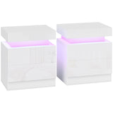 HOMCOM Set of 2 White Bedside Tables with LED Light and 2 Drawers – High Gloss Nightstands for Bedroom