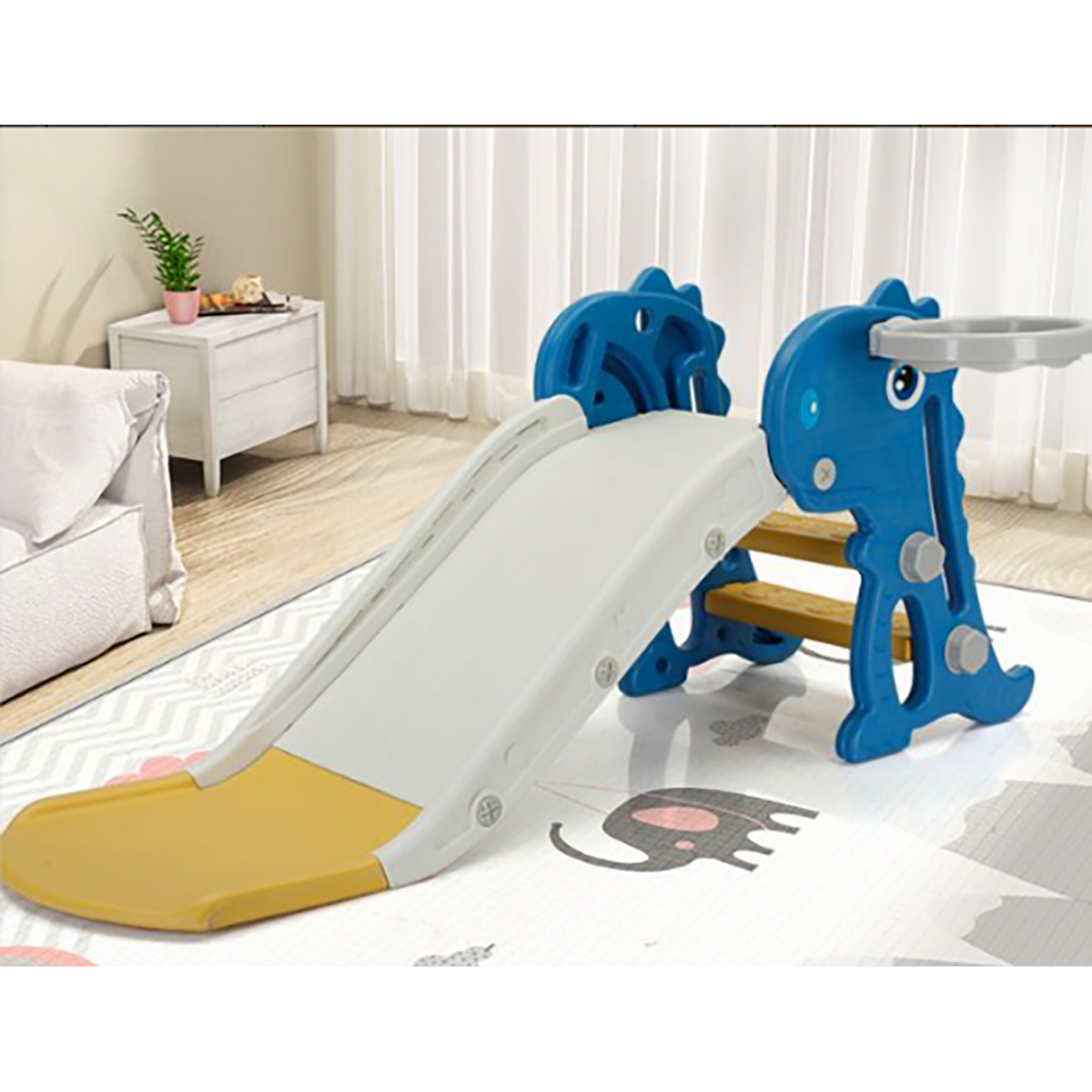 Toddler Indoor Dinosaur Slide with Basketball Hoop and Stairs – Foldable, Easy Assembly, Blue, Ages 0–3