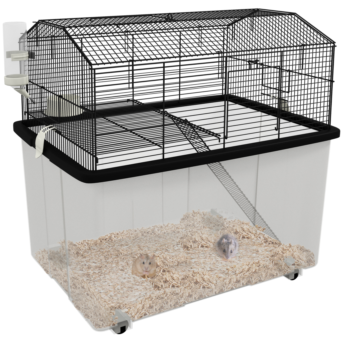 PawHut Two-Tier Hamster Cage with Deep Base, Ramp & Food Dish – Gerbil & Syrian Hamster Home on Wheels, Black