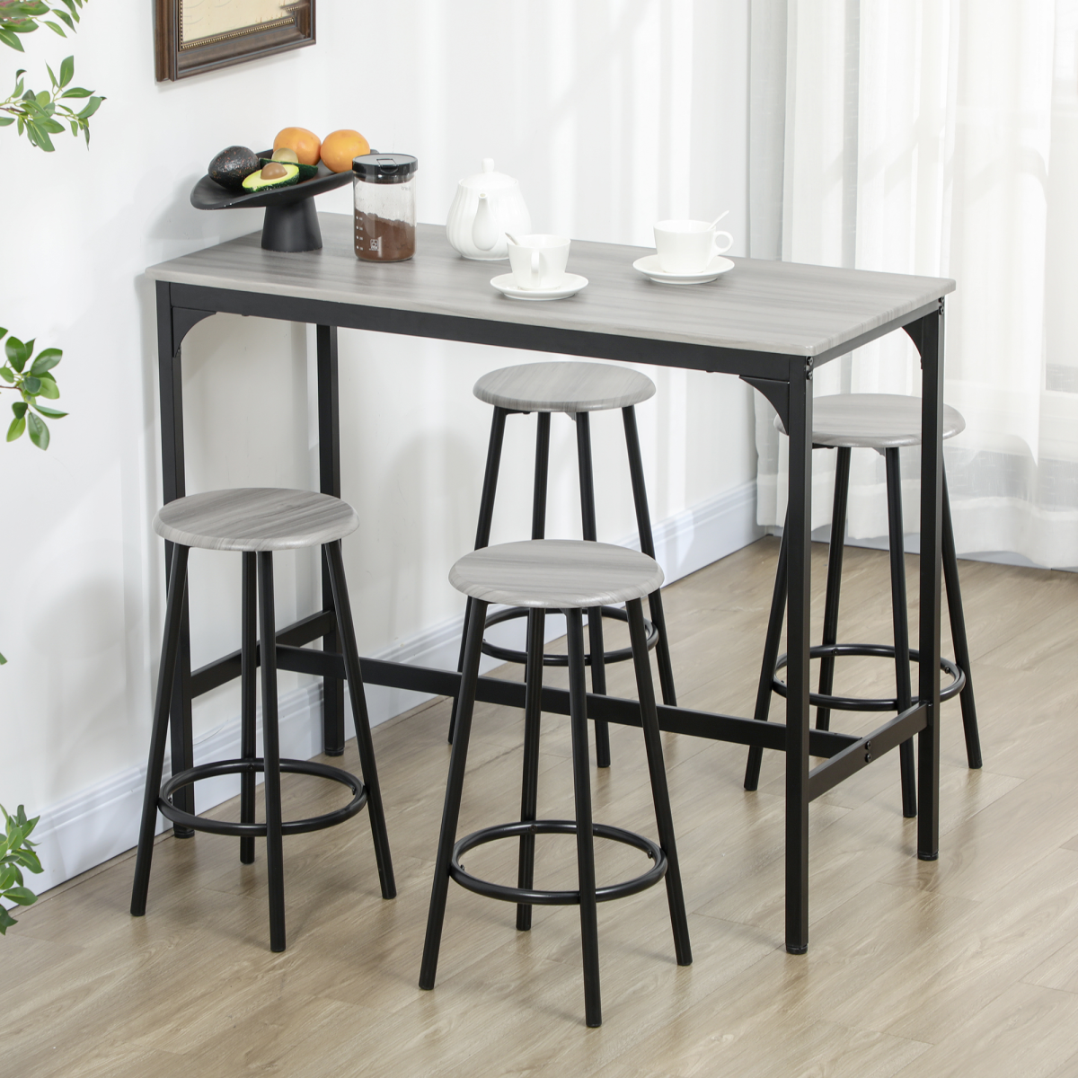 5-Piece Pub Table and Chair Set with MDF Top & Metal Frame, 4 Stools – Space-Saving Bar Set, Grey & Black