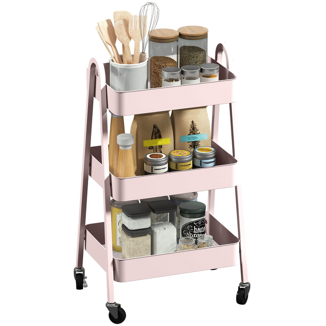 Pink 3-tier rolling utility cart