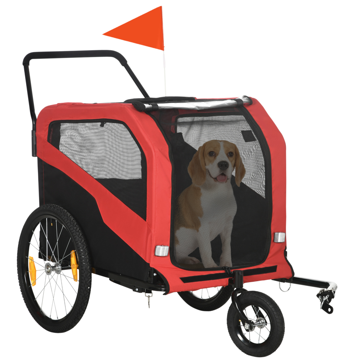 PawHut 2-in-1 Dog Bike Trailer & Pet Stroller for Large Dogs with Hitch, Mesh Windows & Sunroof – Red