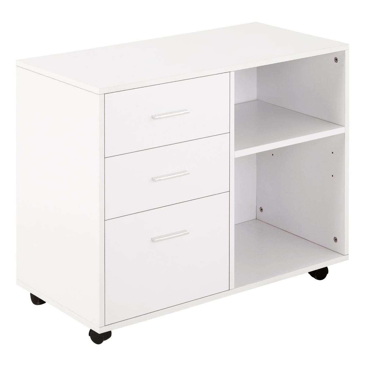 White freestanding mobile storage cabinet with drawers and shelves