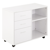 White freestanding mobile storage cabinet with drawers and shelves