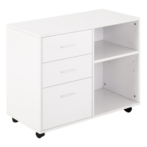 White freestanding mobile storage cabinet with drawers and shelves