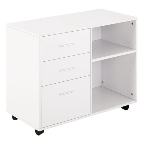White freestanding mobile storage cabinet with drawers and shelves
