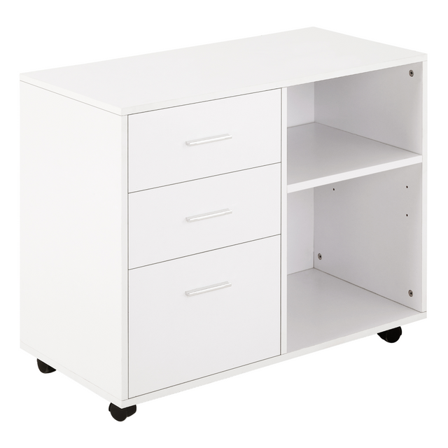 White freestanding mobile storage cabinet with drawers and shelves