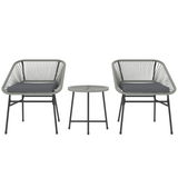 Outsunny 3-Piece Rattan Bistro Set with Cushions & Tempered Glass Table – Balcony Patio Furniture, Light Grey
