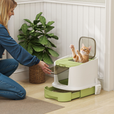 Enclosed Cat Litter Box with Top Exit, Removable Drawers, Scoop & Deodorisation Bags – Green, White and Black