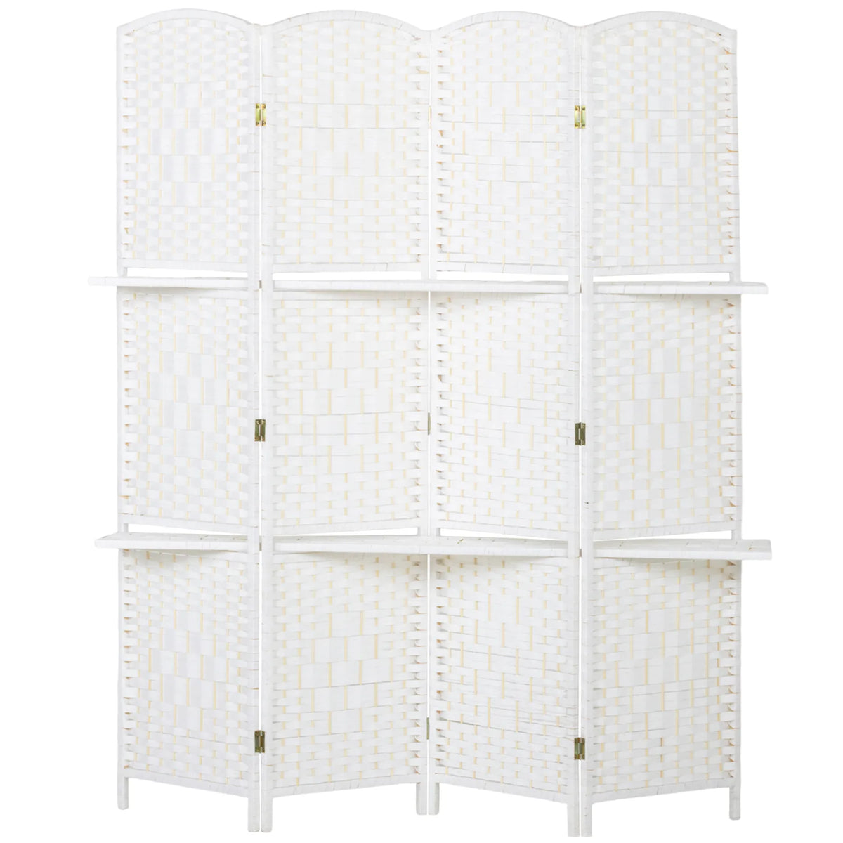 HOMCOM 4 Panel Folding Room Divider with Two Shelves & Arched Top – Freestanding Privacy Screen, 160 x 170cm, White