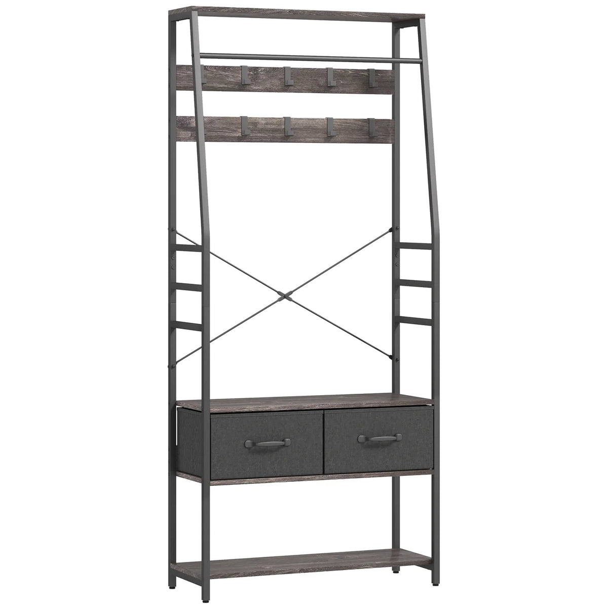 HOMCOM Industrial Hall Tree Coat Rack with Shoe Bench, 10 Removable Hooks, 2 Fabric Drawers and Clothes Rail – Grey