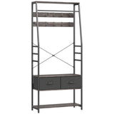 HOMCOM Industrial Hall Tree Coat Rack with Shoe Bench, 10 Removable Hooks, 2 Fabric Drawers and Clothes Rail – Grey