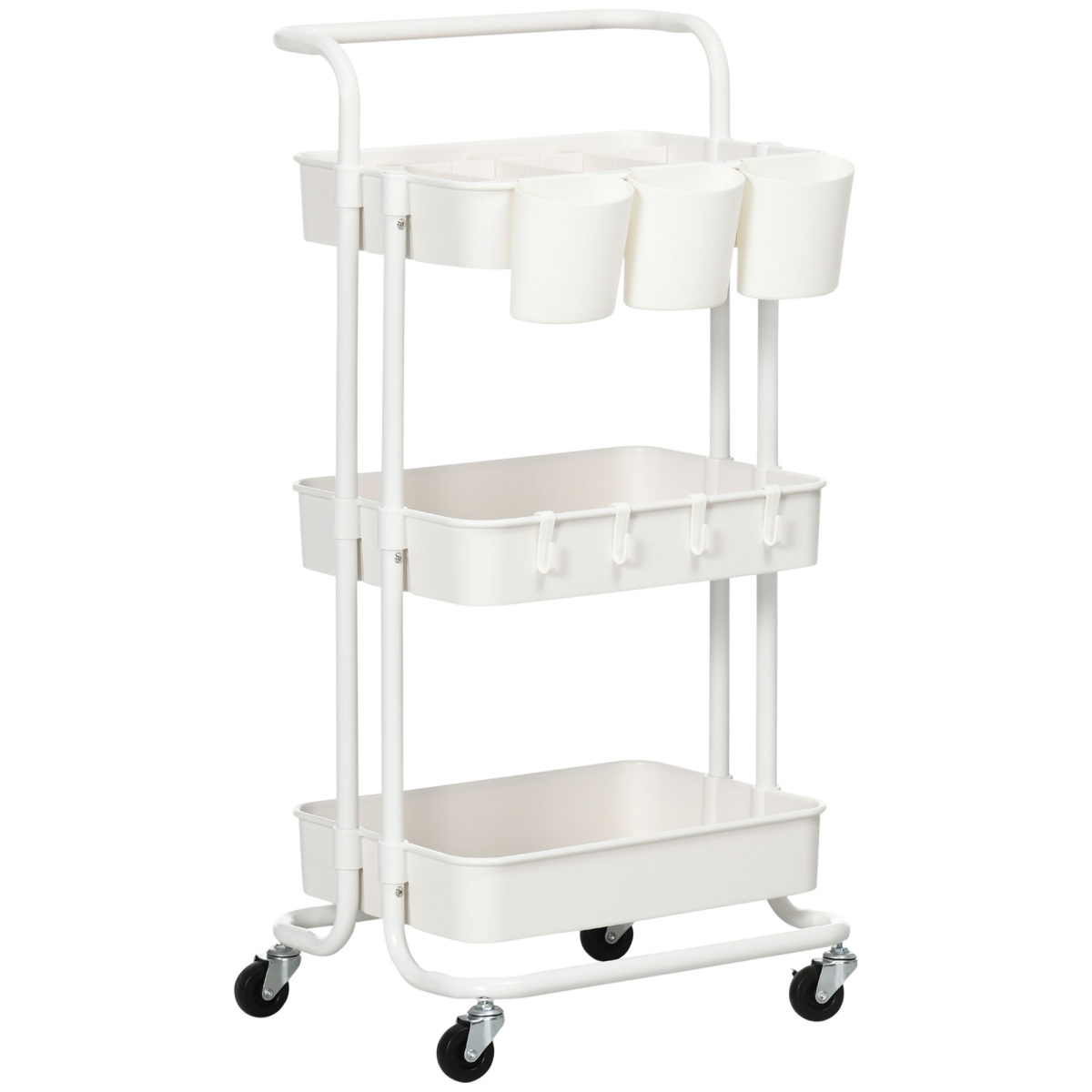 HOMCOM 3-Tier Utility Cart, Rolling Serving Trolley with Baskets and Hooks – Kitchen Storage, White