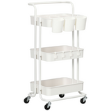 HOMCOM 3-Tier Utility Cart, Rolling Serving Trolley with Baskets and Hooks – Kitchen Storage, White