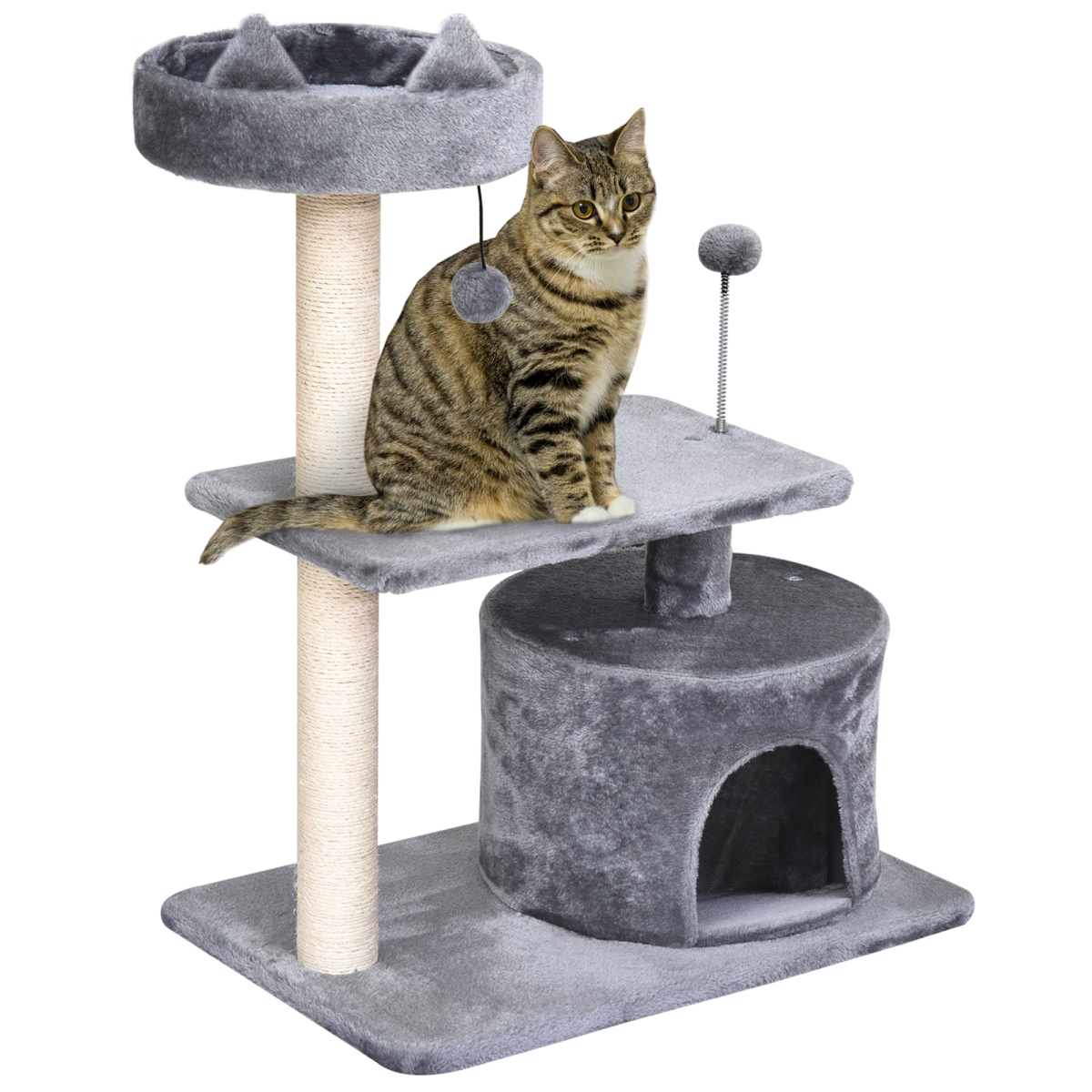 PawHut 81cm Cat Tree with Scratching Posts, Hide-Away Hut and Play Balls – Kitten Activity Tower