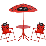 Kids Folding Picnic Table and Chair Set with Parasol – Four-Piece Outdoor Garden Set, Ladybird Design