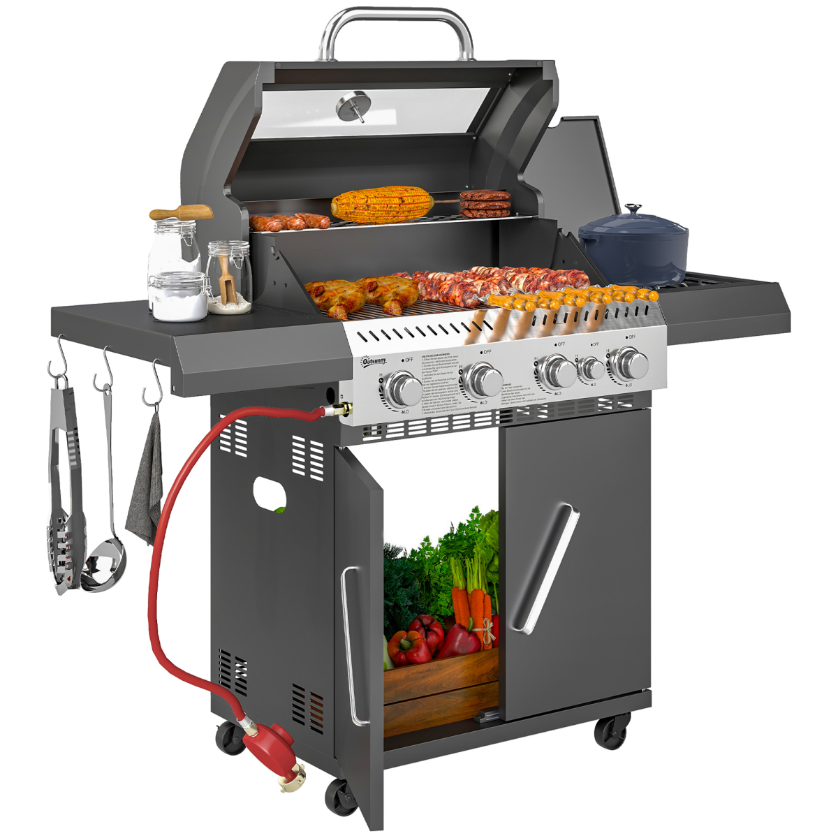 Outsunny 4+1 Burner Gas BBQ Grill with Clear View Lid, Thermometer and Storage Cabinet – Propane Barbecue on Wheels, Black