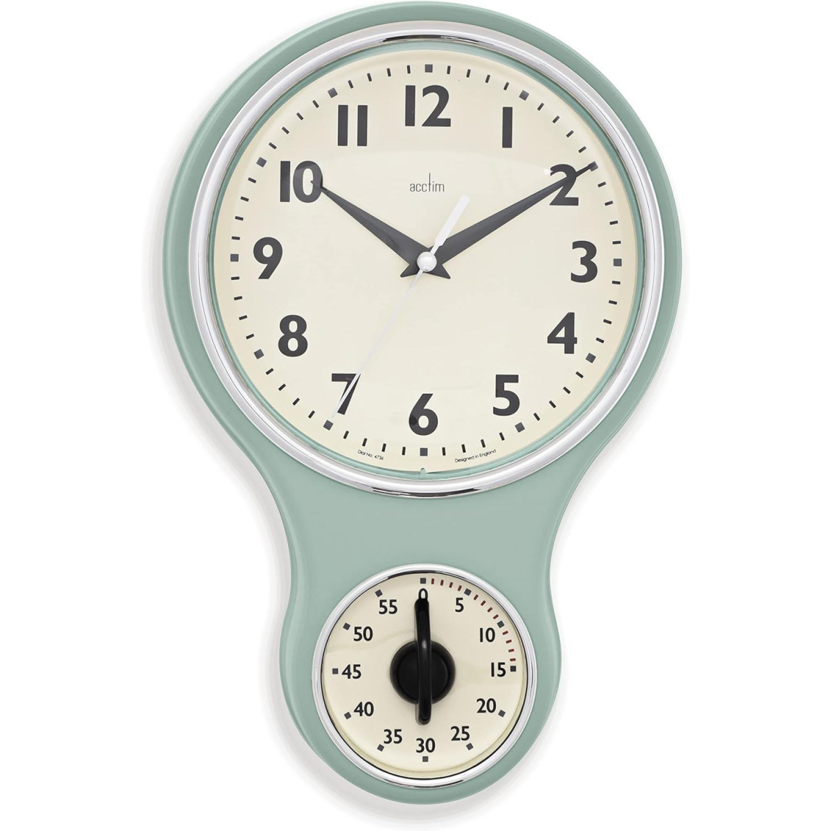 Acctim Kitchen Time 20cm Timer Quartz Retro Style Domed Glass Lens Sage Wall Clock