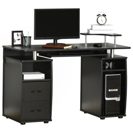 Black computer workstation with keyboard tray
