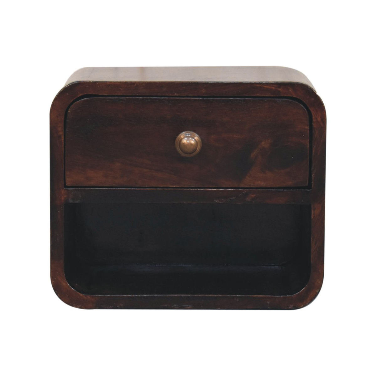 Artisan Furniture Mini Curved Wall Mounted Bedside Table, 1 Drawer – Solid Mango Wood, Dark Brown