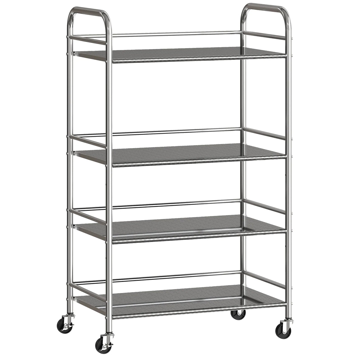 HOMCOM 4-Tier Stainless Steel Kitchen Storage Trolley with Adjustable Shelves and Lockable Wheels – Silver