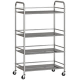 HOMCOM 4-Tier Stainless Steel Kitchen Storage Trolley with Adjustable Shelves and Lockable Wheels – Silver
