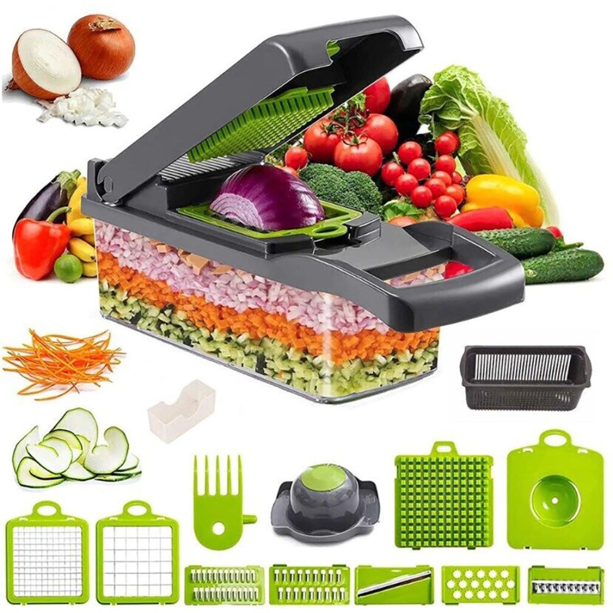 16-in-1 Vegetable Chopper with 1.5L Container, 8 Blades & Peeler – Salad, Fruit & Food Slicer Dicer, Grey