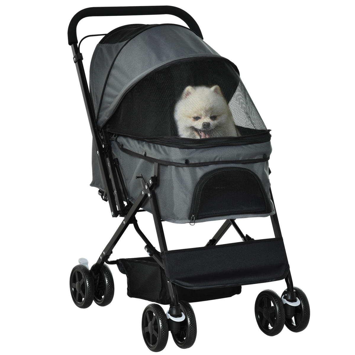 Pawhut Foldable Dog Pet Stroller with Reversible Handle, Canopy and Storage Basket – Travel Carriage, Grey