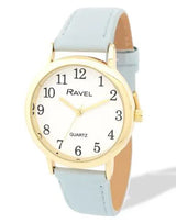 Ravel Ladies Gold-Tone Watch with White Dial and Light Blue Faux Leather Strap