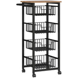 HOMCOM Four Basket Mobile Kitchen Island Trolley with Brakes – Steel Frame Storage Cart, Oak/Black